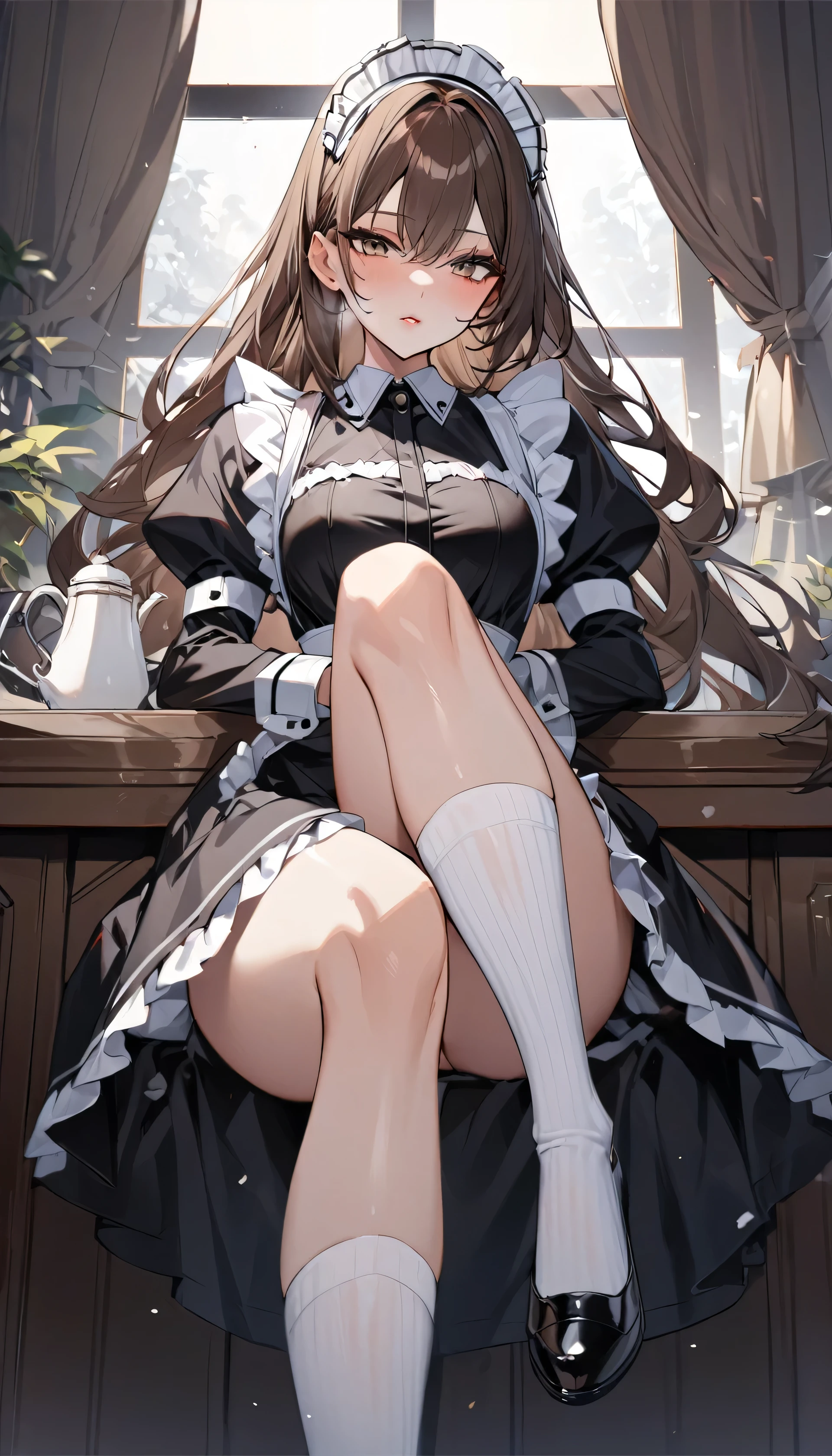 Highest quality:1.5,maid,Leg Up Socks,Absolute area,Natural Lip,Cold look,Brown hair semi-long hair