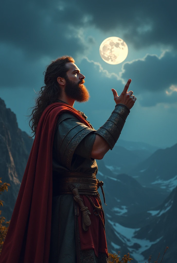 make a cover for a video on youtube: iron age man with beautiful brown hair with red beard, praying to the lord on a mountain under the moonlight with hands pointing to the heavens crying out to the lord and his name is king david