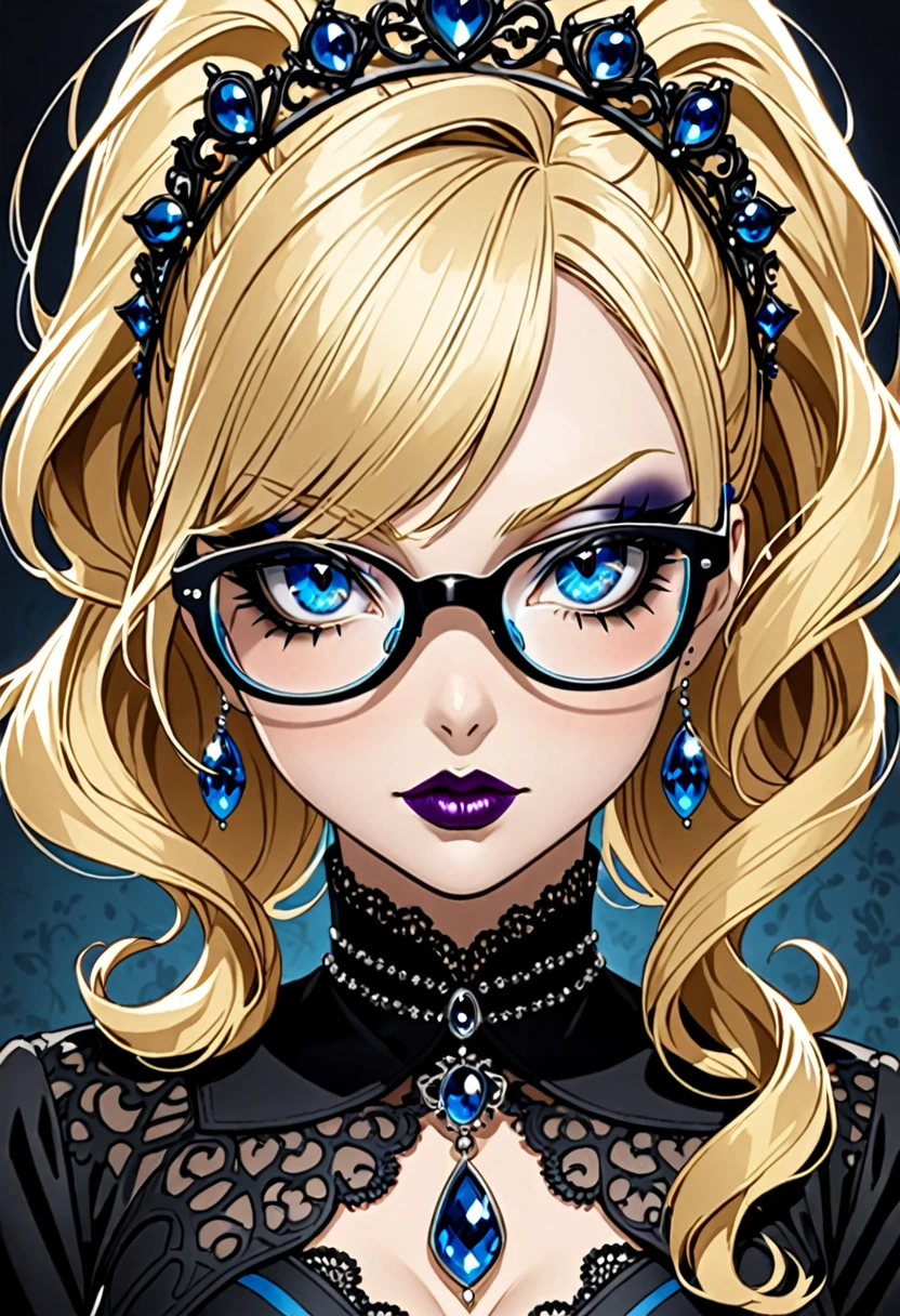 Femme blonde grand yeux bleues a lunettes, gothique , maquillage noir ,50 ans