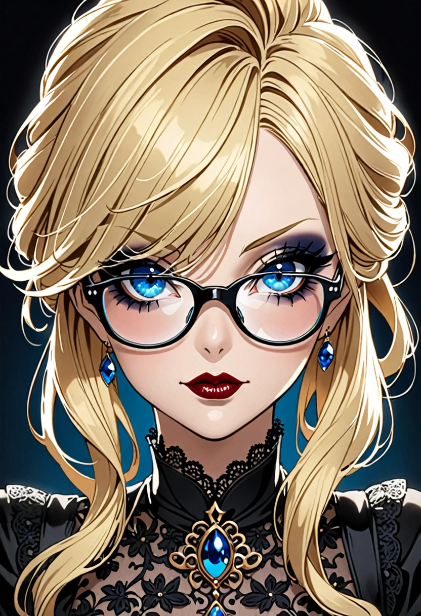 Femme blonde grand yeux bleues a lunettes, gothique , maquillage noir ,50 ans