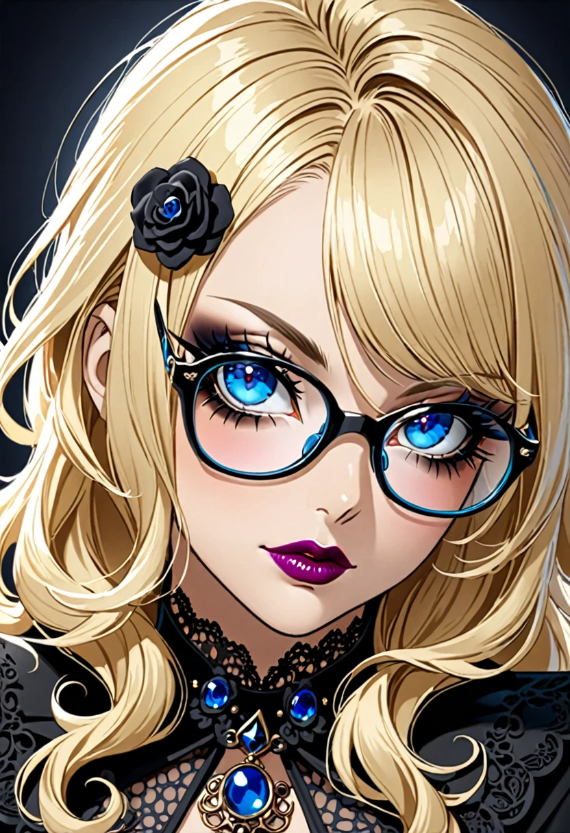Femme blonde grand yeux bleues a lunettes, gothique , maquillage noir ,50 ans