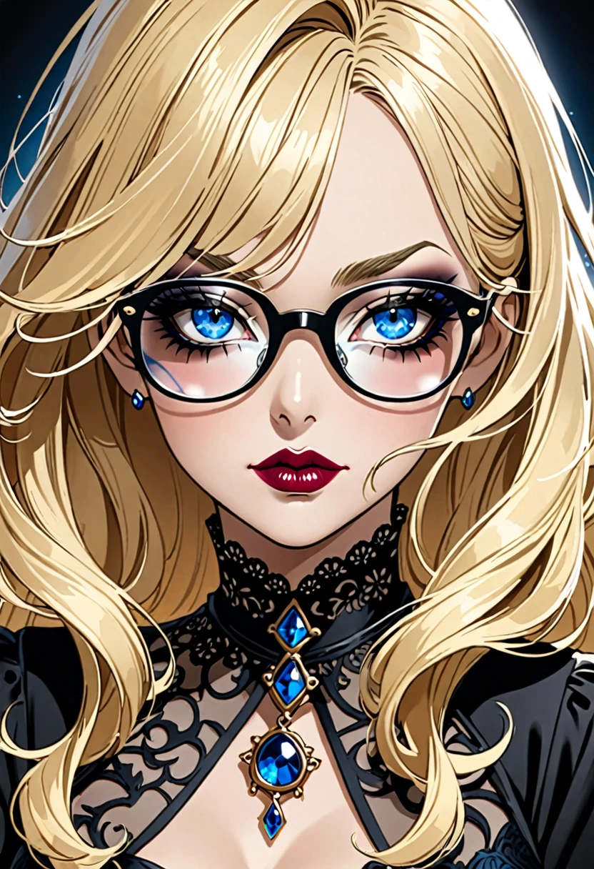 Femme blonde grand yeux bleues a lunettes, gothique , maquillage noir ,50 ans

