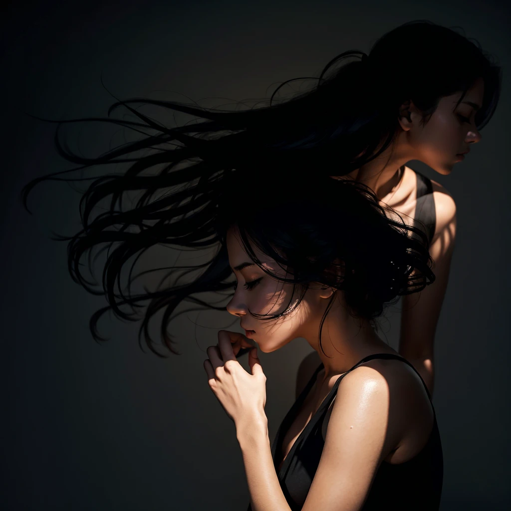 a shadow of a woman body in a blurry dark background blowing hair 