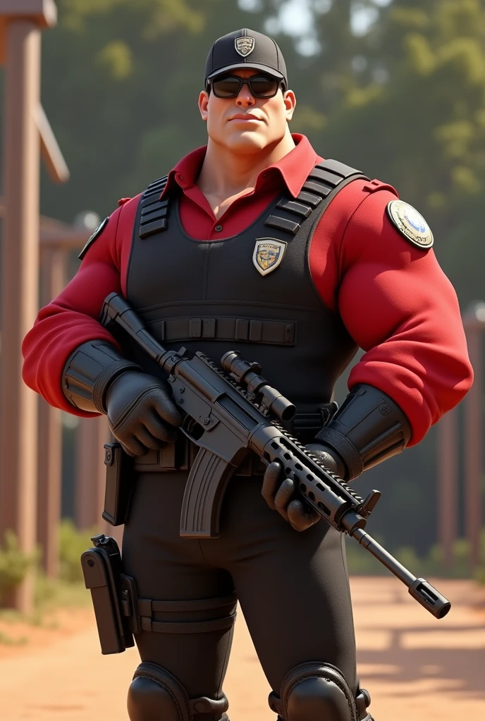 Strong Security Man Disney Pixar, 4k, HD, Dressed in a red long-sleeved tactical shirt, black tactical pants, black cap, dark colored glasses, with toy rifle weapon at a shooting range