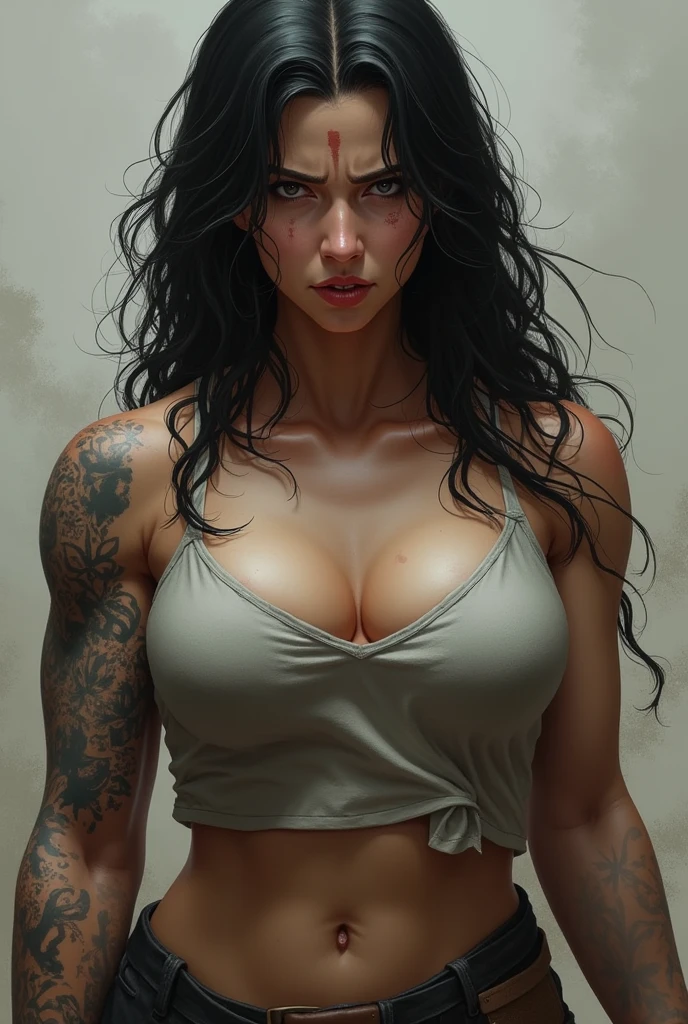 Real human female wolverine with claws , mad and sad face,. Fair looking, dark thick hair, round face, average size dot on the forehead and bit chubby curvy , big and muscular.  Not cartoon 
