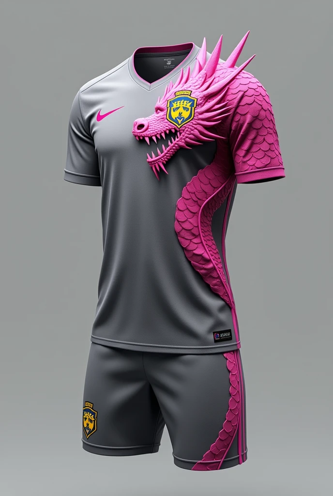Brazilian football uniform ,no player, gray in color and a giant pink dragon with pink scales on the right shoulder