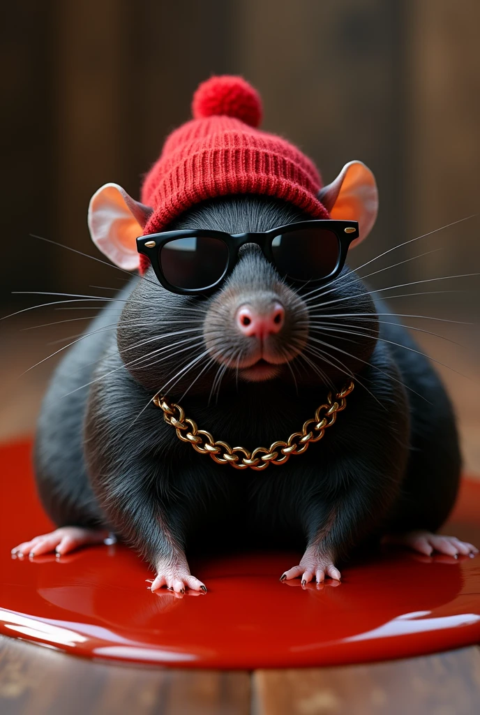 Black and fat rat. Have a red wool hat, black sunglasses and a gold chain. The rat sleeps in a puddle of tomato sauce
