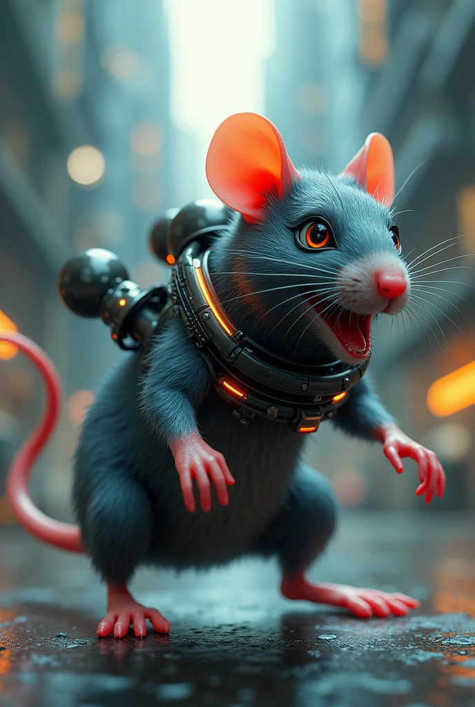"Create an image of a stylized, futuristic rat, with a design that highlights its &#39;turbocharged&#39; features. The mouse must have a modern and technological look, with details such as small engines or turbines built into its body, perhaps with a metallic sheen or carbon fiber finish. Add a touch of energy and dynamism to the scene, as if the mouse was moving fast or about to take off. The background can be a futuristic urban environment or a high-tech laboratory., to complement the advanced appearance of the rat."