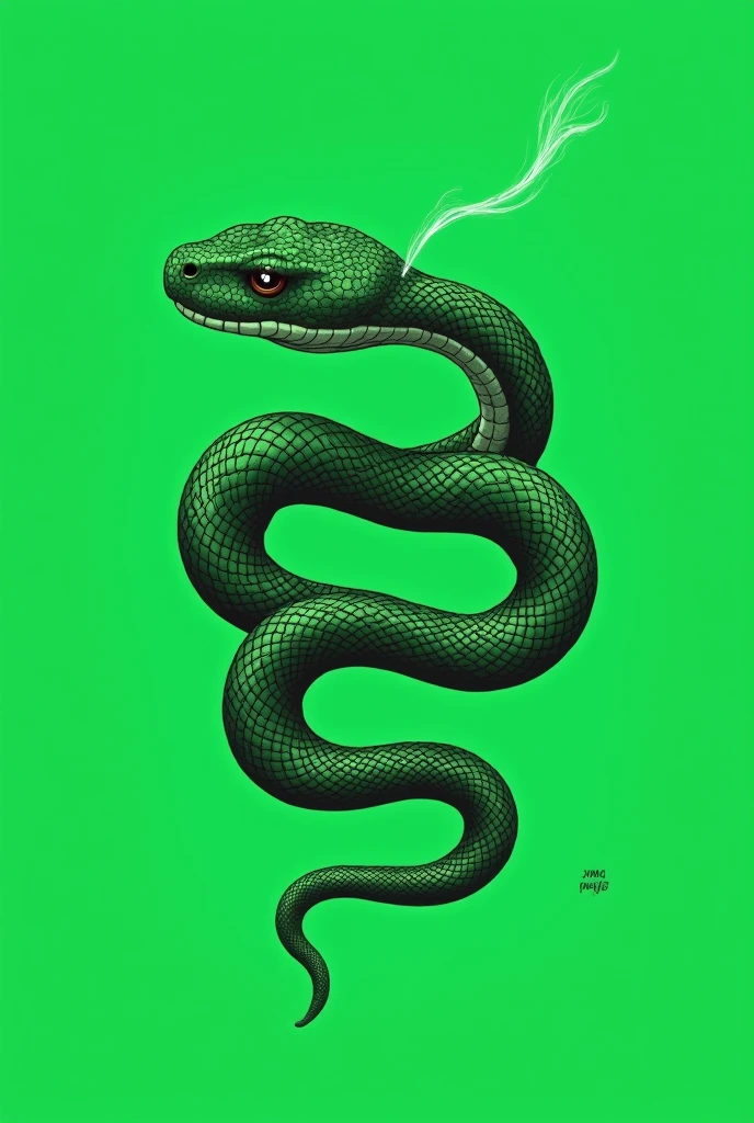 Make me a picture of a fancy green snake, with a very minimalist style, where the snake is surrounding a text that says smoke puffs and below the illustration it says "by m.s black with a strong green background