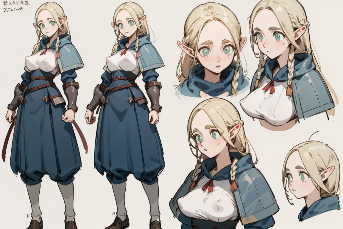 stockings,pantyhose,armor,White top,Stylish leather shoes, Pop Color,Erect nipples, (whole body,Character design sheet,front,return,~ side,same characters),Long blonde hair,Thick eyebrows, Bust and waist,Beautiful blonde,(masterpiece),((Highest quality)),(Very detailed),(Beautiful eyes Beautiful details Eyes,Clean and delicate face,Five Fingers,Textile shade,Anatomical perfection)