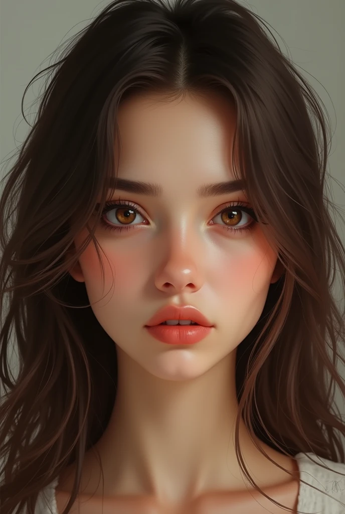Woman with long brown hair and slanted brown eyes, straight nose, thesis morena clara, thin lips
