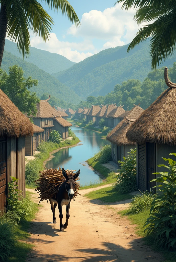 Design a realistic image of a traditional village where you can see bareque and palm houses., a lake and a donkey with firewood walking down an unpaved street