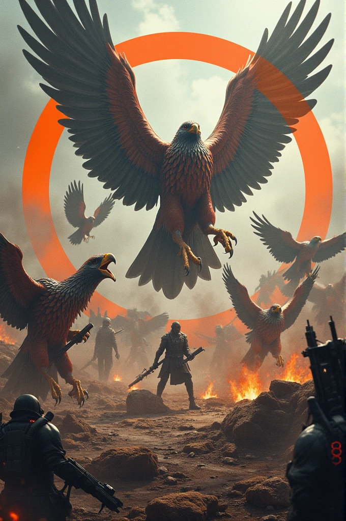 An army of falcons with many weapons in the middle of war and a text in a circle that says the falcons of the North in orange and white, the entire image surrounded by an orange circle