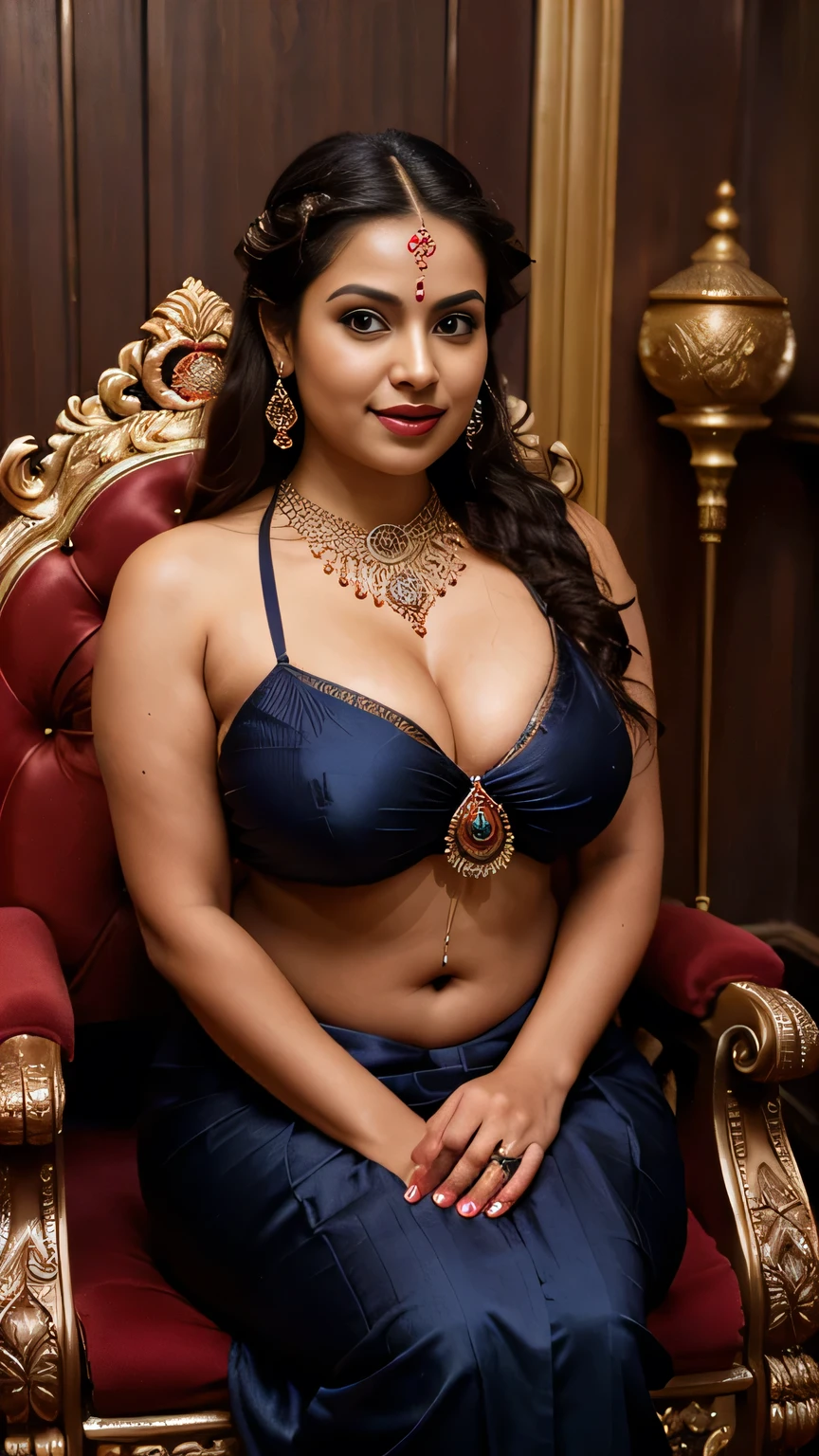 extreme close up photo of dark Indian goddess, hourglass figure, swooping breasts, deep cleavage, curvy, sitting royal pose on throne in temple, seductive eyes, sultry, French braid hair, blue vintage saree, red glossy lips, smile, necklace, (cinematic:1.3), intricate details, (ArtStation:1.2)