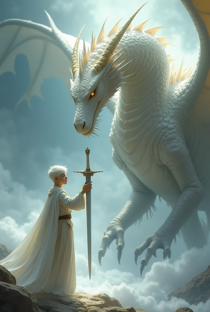 The white-haired young man received a sword from the white dragon.