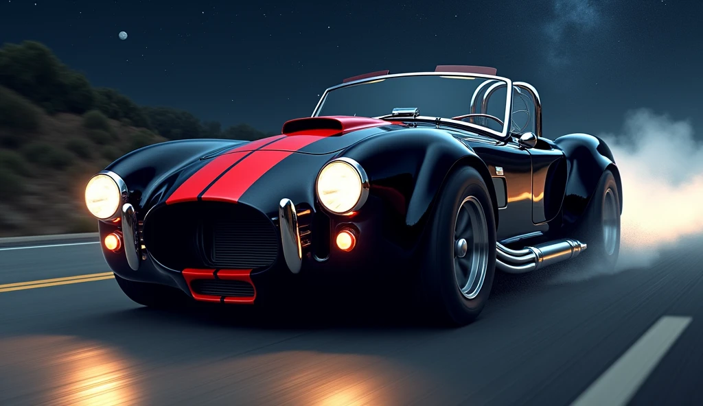A cinematic wide-angle side view shot captures a gleaming 1966 glossy black with red race strip down the center Black side pipes out of the center of the hood is a street strip blower Shelby Cobra 427 Super Snake headlight beams piercing the darkness as it speeds down the road at night, stars and moon bold in the dark of night, every detail - from the gleaming wheels to the sculpted fenders - a testament to masterful realism., Hyperrealism, high detail, cinematic lighting, motion blur, motion lines, speed lines, retina, masterpiece, accurate, anatomically correct, textured skin, super detail, high quality, award winning, highres, 4K, 8k, 16k