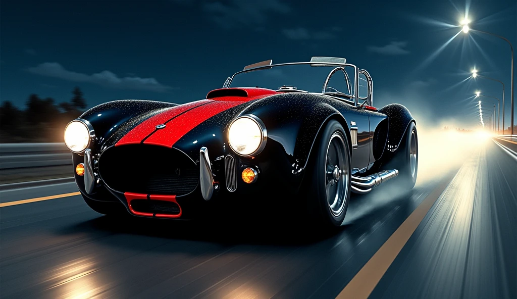 A cinematic wide-angle side view shot captures a gleaming 1966 glossy black with red race strip down the center Black side pipes out of the center of the hood is a street strip blower Shelby Cobra 427 Super Snake headlight beams piercing the darkness as it speeds down the road at night, stars and moon bold in the dark of night, every detail - from the gleaming wheels to the sculpted fenders - a testament to masterful realism., Hyperrealism, high detail, cinematic lighting, motion blur, motion lines, speed lines, retina, masterpiece, accurate, anatomically correct, textured skin, super detail, high quality, award winning, highres, 4K, 8k, 16k