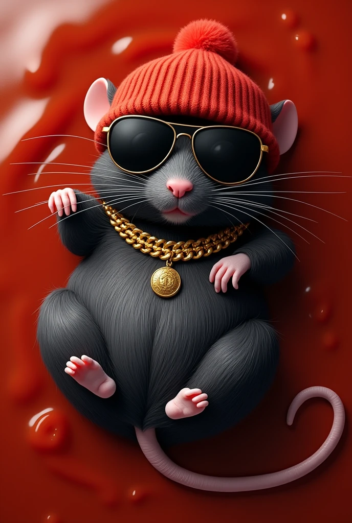 Black and fat rat. Have a red wool hat, black sunglasses and a gold chain. The rat sleeps on its back in a puddle of tomato sauce