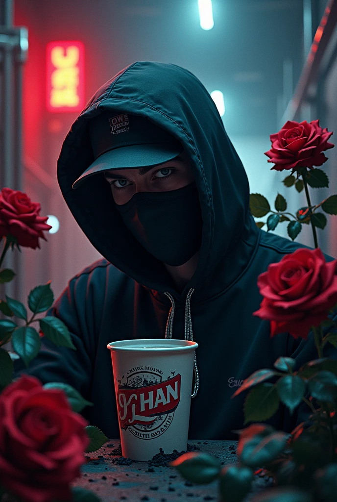 Trap music cover/rap roses and Lean cup some things related to the trap world/rap a white man with a cap, hood and mask