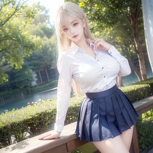 (Highest quality、Tabletop、8k、Best image quality、Award-winning works)、Cute school girl、(White polyester collared shirt:1.2)、(Navy Pleated Skirt:1.2)、Girl portrait photography、Glowing Skin、Platinum Blonde Hair、Are standing、(Large Breasts:1.7)、(Accentuate your body lines:1.1)、(Gravure idol pose)、garden、Natural light、(Button closed:1.2)、the distance is close