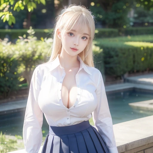 (Highest quality、Tabletop、8k、Best image quality、Award-winning works)、Cute school girl、(White polyester collared shirt:1.2)、(Navy Pleated Skirt:1.2)、Girl portrait photography、Glowing Skin、Platinum Blonde Hair、Are standing、(Large Breasts:1.7)、(Accentuate your body lines:1.1)、(Gravure idol pose)、garden、Natural light、(Button closed:1.2)、the distance is close