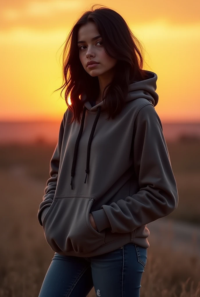 A 16 year old girl, with features of Britanny Murphy, hoodie sweatshirt coat, combat boots, jeans, black hair, a sunset behind her