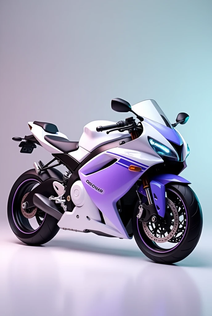 Design a Suzuki GSX 150 motorcycle in white with purple or lilac fading on the tank, purple or lilac stripes