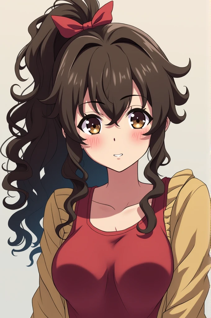 A female boku no hero academia oc with long curly brown hair tied into a ponytail with curly mid-side bangs