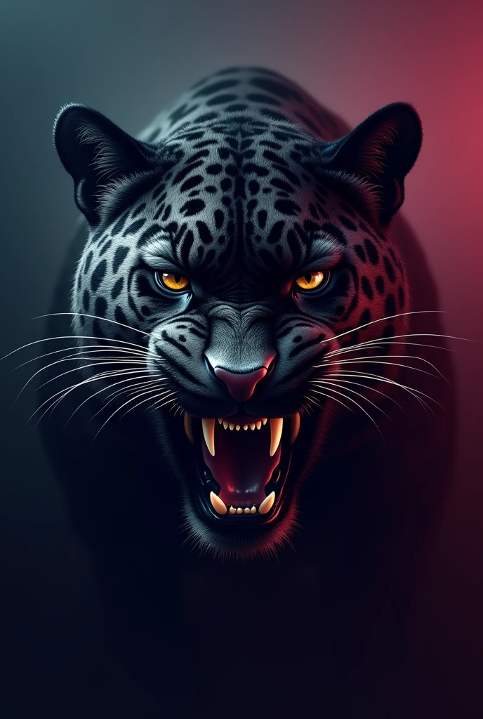 Face of an angry jaguar with gradient colors of dark blue and dark pink