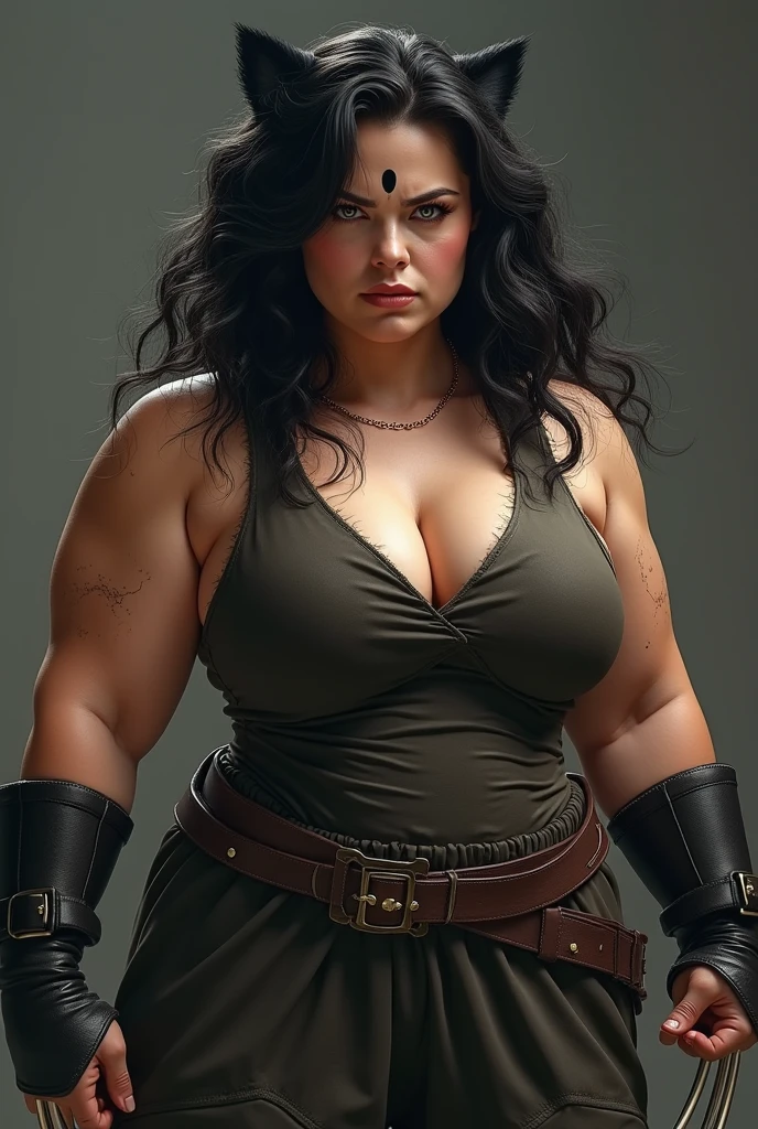 Real human female wolverine with sharp claws , mad and sad face, Fair looking, dark thick hair, round face, average size black dot on the forehead and bit chubby curvy , medium size breast, big and muscular. Not cartoon