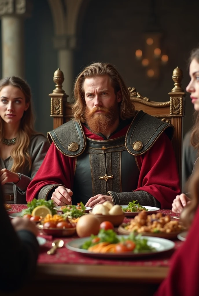 make a cover for a video on youtube: iron age man with beautiful brown hair with red beard, sitting on his throne in his castle at a table full of medieval food with several beautiful women by his side