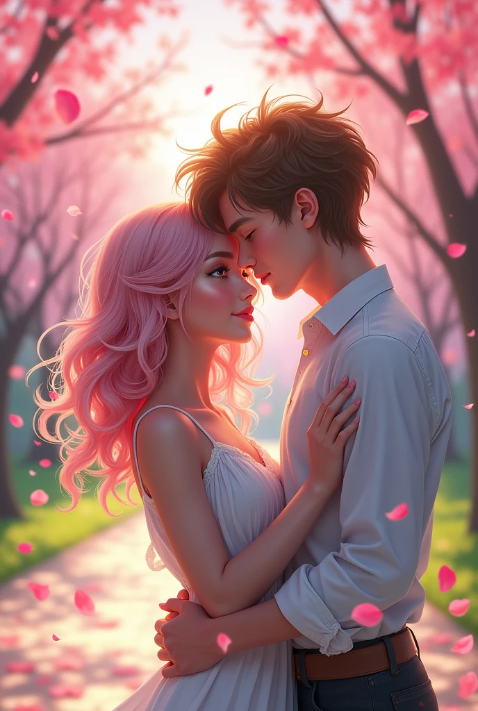(absurdres, highres, ultra detailed), couple, 1 girl Light pink hair, brown eyes, pink and white, sakura leafs, vivid colors, white dress, paint splash, ray tracing, wavy hair, 1 man light brown hair, silver eyes, vivid colors, campus background, hugging