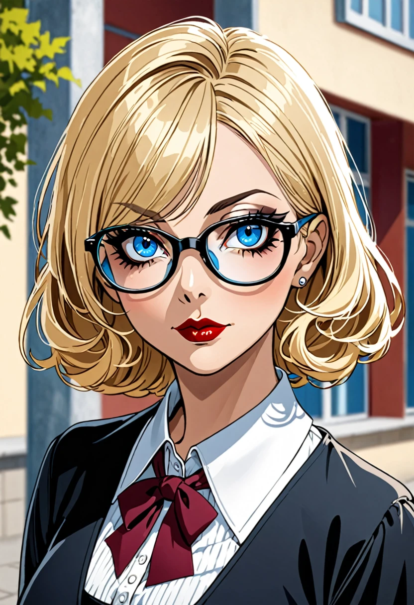 Femme blonde grand yeux bleues a lunettes, gothique , maquillage noir ,50 ans , devant une école