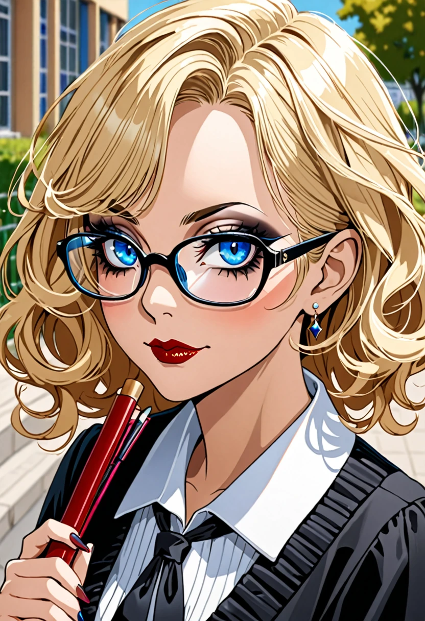 Femme blonde grand yeux bleues a lunettes, gothique , maquillage noir ,50 ans , devant une école 

