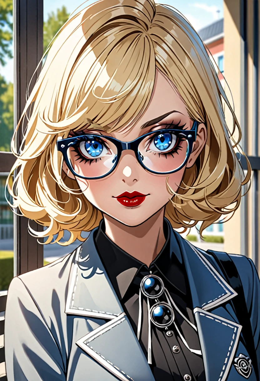 Femme blonde grand yeux bleues a lunettes, gothique , maquillage noir ,50 ans , devant une école 

