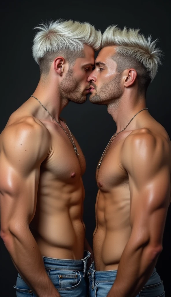 Two shirtless muscular men , Has white hair and blue eyes. , Naked big penis, hug and kiss, Wet