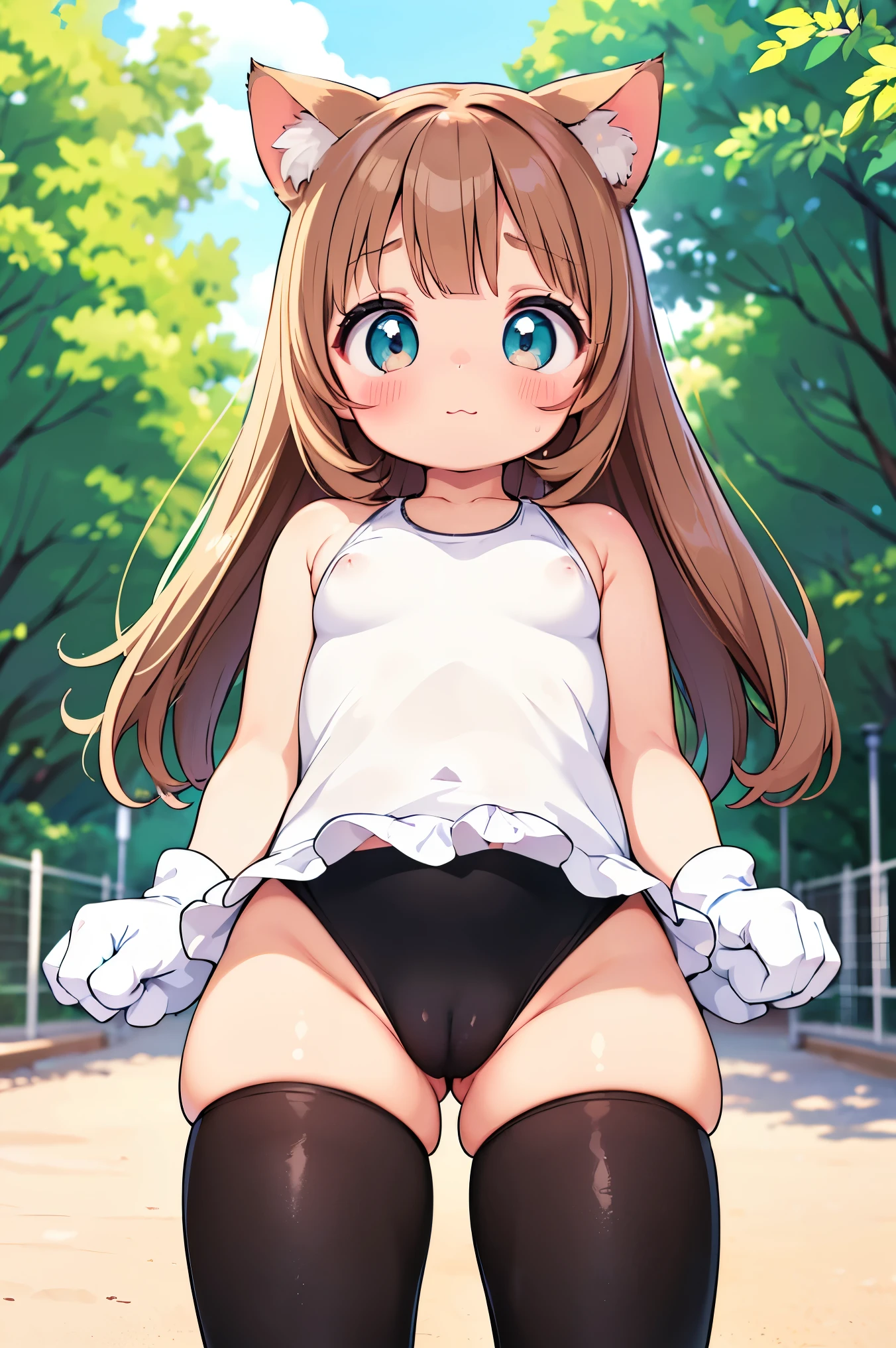 Beautiful illustration, best quality, cute girl, ((In a Park)), pastel color, natural tones, ((Brown bangs)), ((Cat ears)), ((Looking at viewer)), ((Athletic body)), ((Black swimsuit)), ((Thick thighs)), ((Cameltoe)), ((Embarrased)), (Blush), bright lighting, ((Big eyes)), ((Paw gloves))