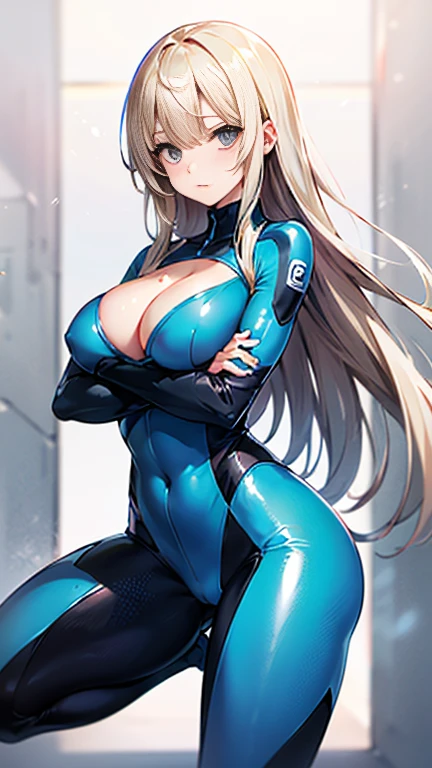 Beauty,Around 20 years old,
Blonde,
(Black Eyes),
(Semi-long hair:1.7),
(expression:Puzzled),
Squat,
Place your arms on your thighs,
Big Breasts,Cleavage,
((Zero Suit:Shiny:Sunlight from the center)),
(Plain background:grey,1.5),
4K,
high quality,
Highest quality,
Delicate shades,
Detailed depiction,
Depict the whole,
Facial Contour,
Perfect body structure,
Perfect skeleton,
Perfectly symmetrical eyes,