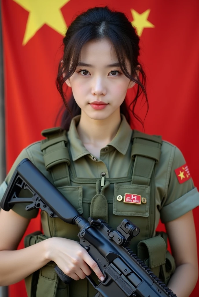 A half-Korean, half-Japanese woman with blue eyes, a charming, sexy, fit figure in a ripped camouflage outfit, holding a rifle and wings and aiming at something with the rifle. Of a girl sniping in the war, chasing and shooting, the gun has fire from the muzzle. military photography, infantry girl, beautiful female soldier, military girl, female soldier, cqb airsoft gun, holding a rifle, movie —ar 16:9, us army, holding a rifle, close-up portrait He has a rifle in his hand, pictured above.