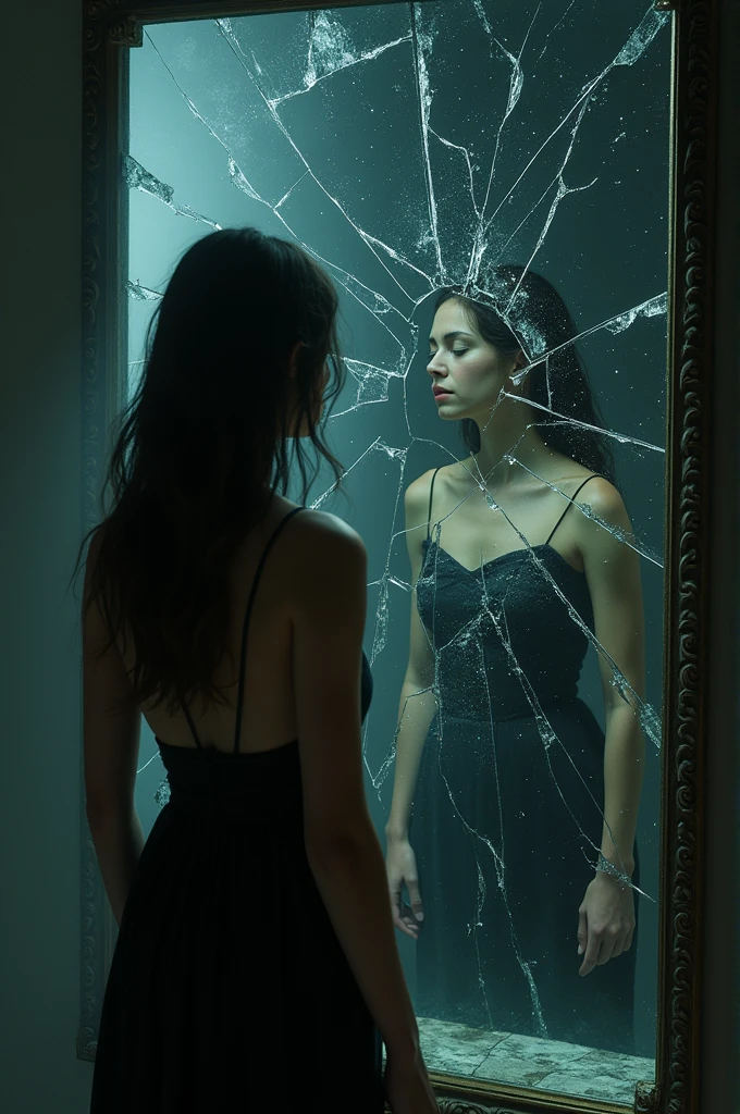 A woman reflect in a broken mirror