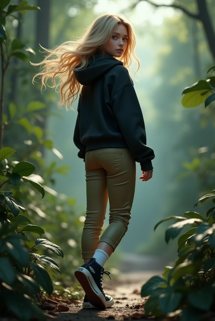 Realistic high school white girl, blonde hair, blue eyes, tight khaki pants, black high top converse shoes, dangling in the air, black hoodie, white socks, jungle background, backside. 