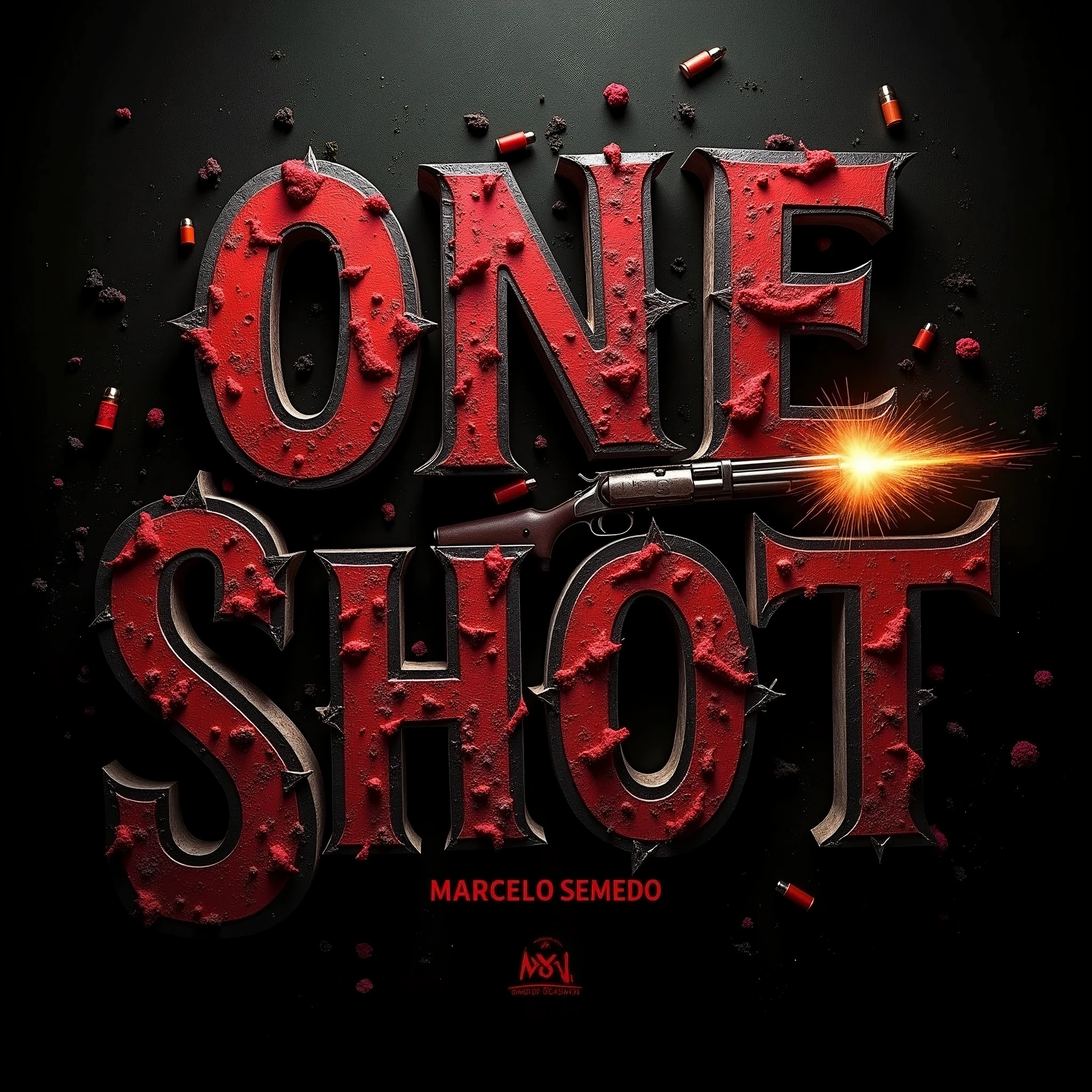 Creating an extremely aggressive digital music cover, with an intense and dark atmosphere. The cover must feature realistic and detailed firearms, with visible shots, capturing the exact moment bullets leave the guns. Explosion and spark effects should be vivid and dramatic, occupying a large part of the image. The background must be dark, with metallic tones and rustic textures to intensify the feeling of danger and intensity. The title of the song, ‘One Shot’, must be displayed in large, striking letters, with a typography that refers to violence and energy, perhaps with shattering or cracking effects. The name of the artist, 'Marcelo Semedo', should appear in a corner, in a slightly smaller font, but still strong and striking, to complement the title. The color palette should include black, Red blood, and metallic gray tones.