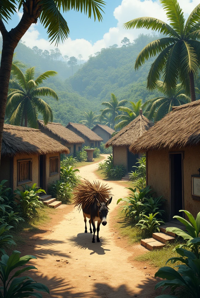 Design a realistic image of a traditional village where you can see bareque and palm houses., a well and a donkey with firewood walking down an unpaved street
