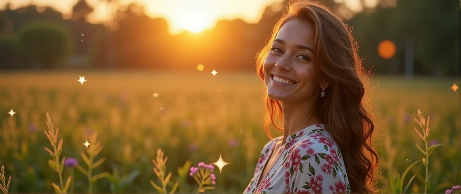 Create a Facebook Cover Image - Visual Elements: 1. Main Scenario: • A field or garden at sunrise or sunset, with soft golden or lilac light radiating. The setting should symbolize new beginnings and enlightenment. 2. Central Figure: • A Brazilian woman in a lush tropical garden, wearing a floral print shirt, with a close-up capturing the harmonious beauty and natural flowers, showing off your natural charm and outgoing personality. • A woman smiling serenely, with a confident and contemplative expression, exploring the environment around you. The figure should suggest introspection and self-discovery. 3. Symbols and Graphics: • Include a discreetly placed Star of David, perhaps at the edge of the image or subtly in the background, to represent Kabbalistic Numerology. • Add elements of numerological diagrams or artistically scattered numbers in the background, suggesting the deep analysis of numerological study. 4. Light Elements: • Use soft, golden lights radiating around the woman, creating a mystical lighting effect. • Add small stars or points of light around the central figure to increase visual appeal. Style and Tone: • Soft and comforting. • Mystical and attractive. • Mix natural light with graphic elements to create a harmonious look.