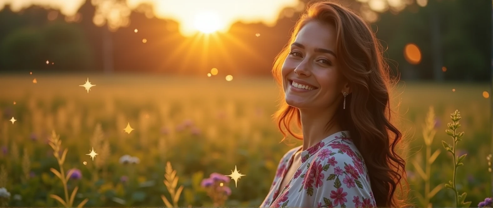 Create a Facebook Cover Image - Visual Elements: 1. Main Scenario: • A field or garden at sunrise or sunset, with soft golden or lilac light radiating. The setting should symbolize new beginnings and enlightenment. 2. Central Figure: • A Brazilian woman in a lush tropical garden, wearing a floral print shirt, with a close-up capturing the harmonious beauty and natural flowers, showing off your natural charm and outgoing personality. • A woman smiling serenely, with a confident and contemplative expression, exploring the environment around you. The figure should suggest introspection and self-discovery. 3. Symbols and Graphics: • Include a discreetly placed Star of David, perhaps at the edge of the image or subtly in the background, to represent Kabbalistic Numerology. • Add elements of numerological diagrams or artistically scattered numbers in the background, suggesting the deep analysis of numerological study. 4. Light Elements: • Use soft, golden lights radiating around the woman, creating a mystical lighting effect. • Add small stars or points of light around the central figure to increase visual appeal. Style and Tone: • Soft and comforting. • Mystical and attractive. • Mix natural light with graphic elements to create a harmonious look.