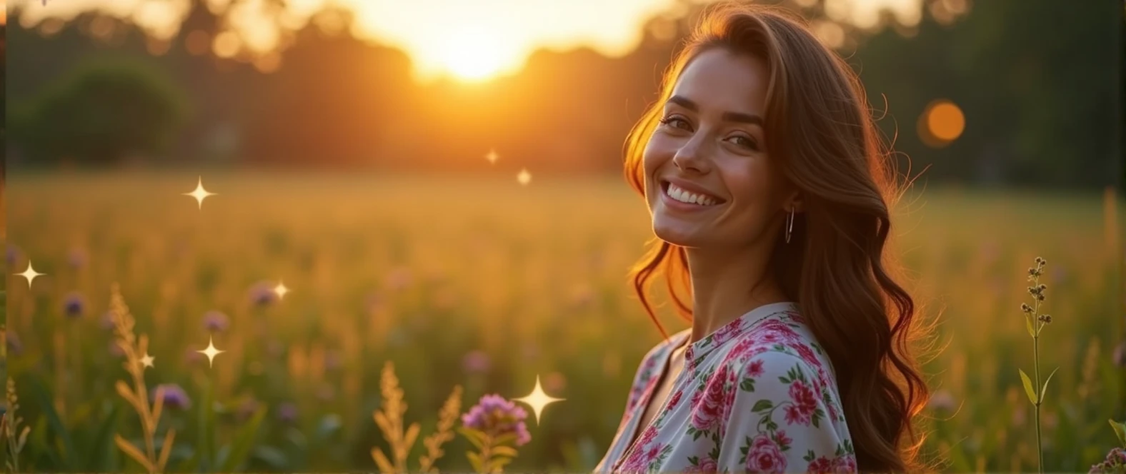 Create a Facebook Cover Image - Visual Elements: 1. Main Scenario: • A field or garden at sunrise or sunset, with soft golden or lilac light radiating. The setting should symbolize new beginnings and enlightenment. 2. Central Figure: • A Brazilian woman in a lush tropical garden, wearing a floral print shirt, with a close-up capturing the harmonious beauty and natural flowers, showing off your natural charm and outgoing personality. • A woman smiling serenely, with a confident and contemplative expression, exploring the environment around you. The figure should suggest introspection and self-discovery. 3. Symbols and Graphics: • Include a discreetly placed Star of David, perhaps at the edge of the image or subtly in the background, to represent Kabbalistic Numerology. • Add elements of numerological diagrams or artistically scattered numbers in the background, suggesting the deep analysis of numerological study. 4. Light Elements: • Use soft, golden lights radiating around the woman, creating a mystical lighting effect. • Add small stars or points of light around the central figure to increase visual appeal. Style and Tone: • Soft and comforting. • Mystical and attractive. • Mix natural light with graphic elements to create a harmonious look.