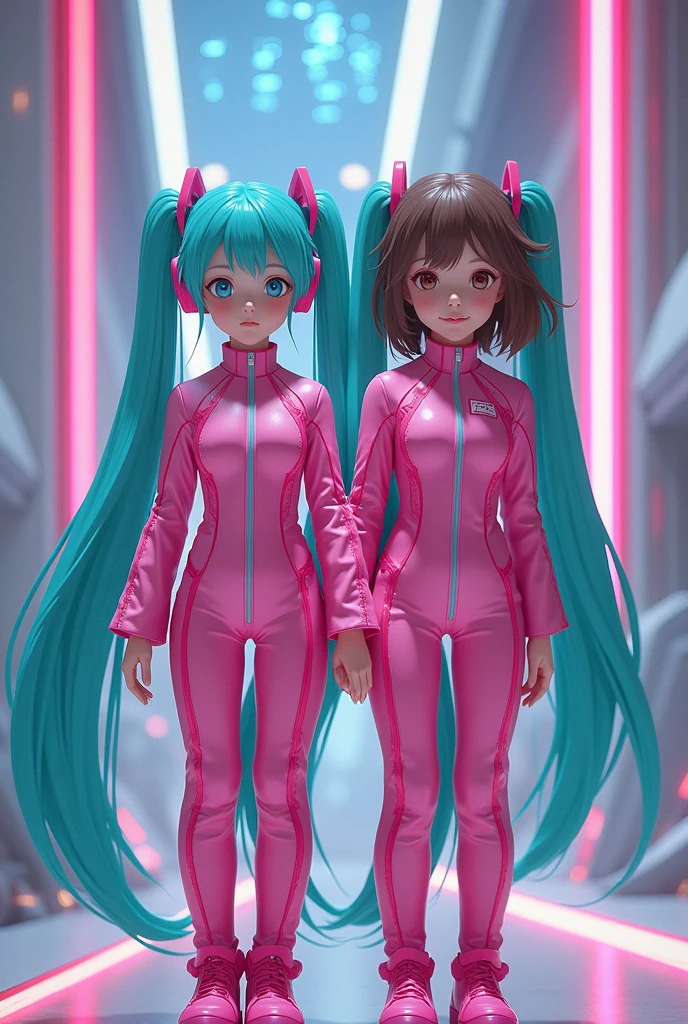 Miku hatsune with a girl with brown hair and a bob in a pink jumpsuit