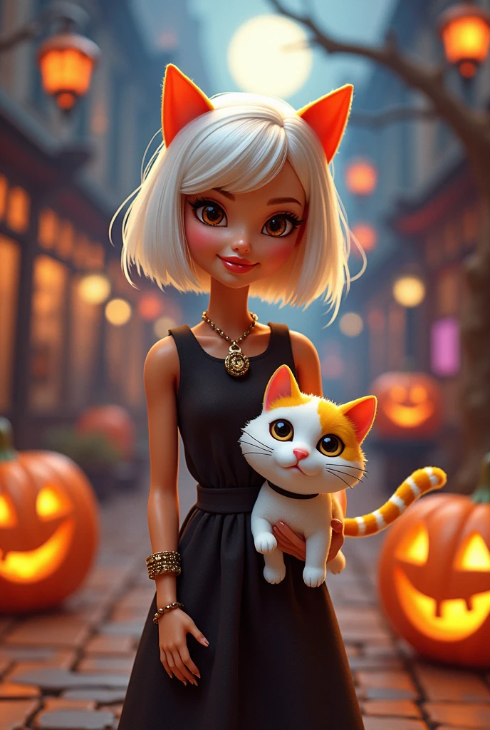 Adult Barbie cartoon Halloween style brown eyes short white hair and her cat Khao Manee white and yellow patches on her head and tail