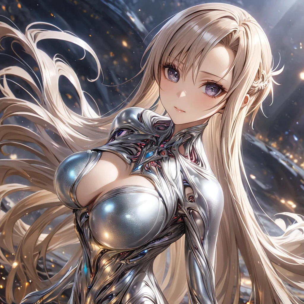 ((Highest quality)), ((masterpiece)), (detailed), (Perfect Face)、The woman is Yuuki Asuna, with metallic silver skin and medium-long silver hair.、The woman is a metallic lifeform made entirely of metal.