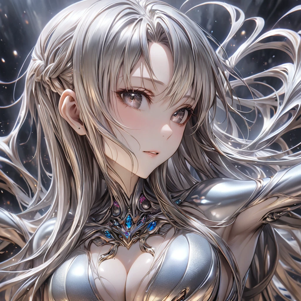 ((Highest quality)), ((masterpiece)), (detailed), （Perfect Face）、The woman is Yuuki Asuna, with metallic silver skin and medium-long silver hair.、The woman is a metallic lifeform made entirely of metal.